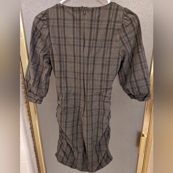 Zara Plaid Ruched Mini Dress Green Grey Sz Small - Picture 4 of 7